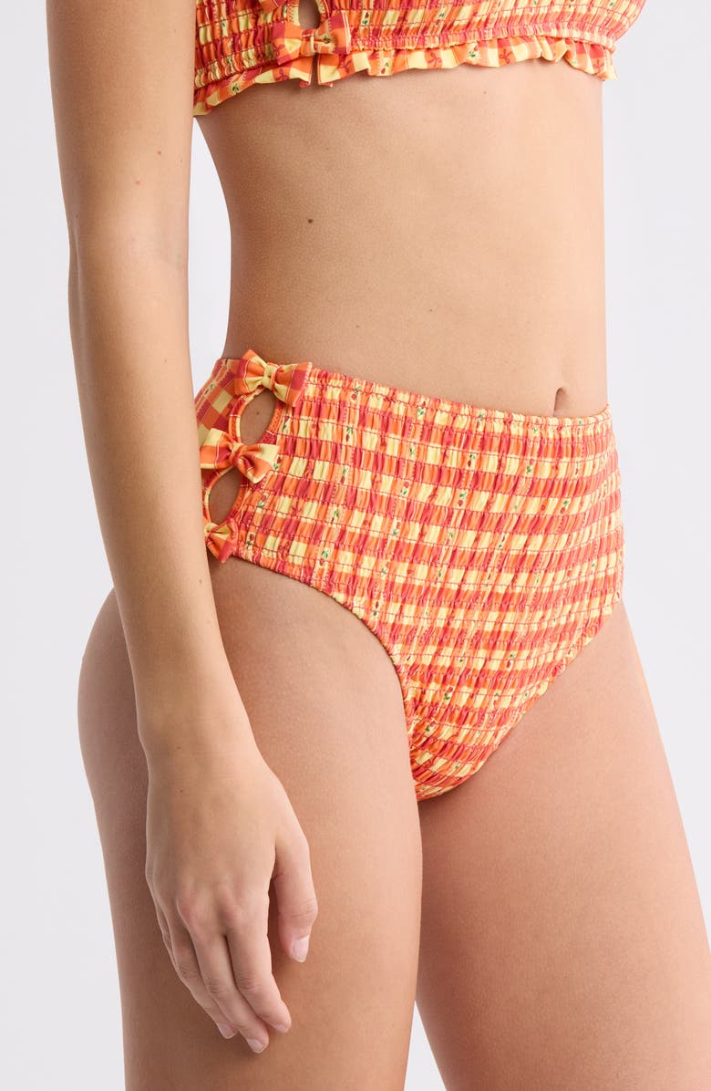 Damson Madder Bow Smocked High Waist Bikini Bottoms, Alternate, color, 