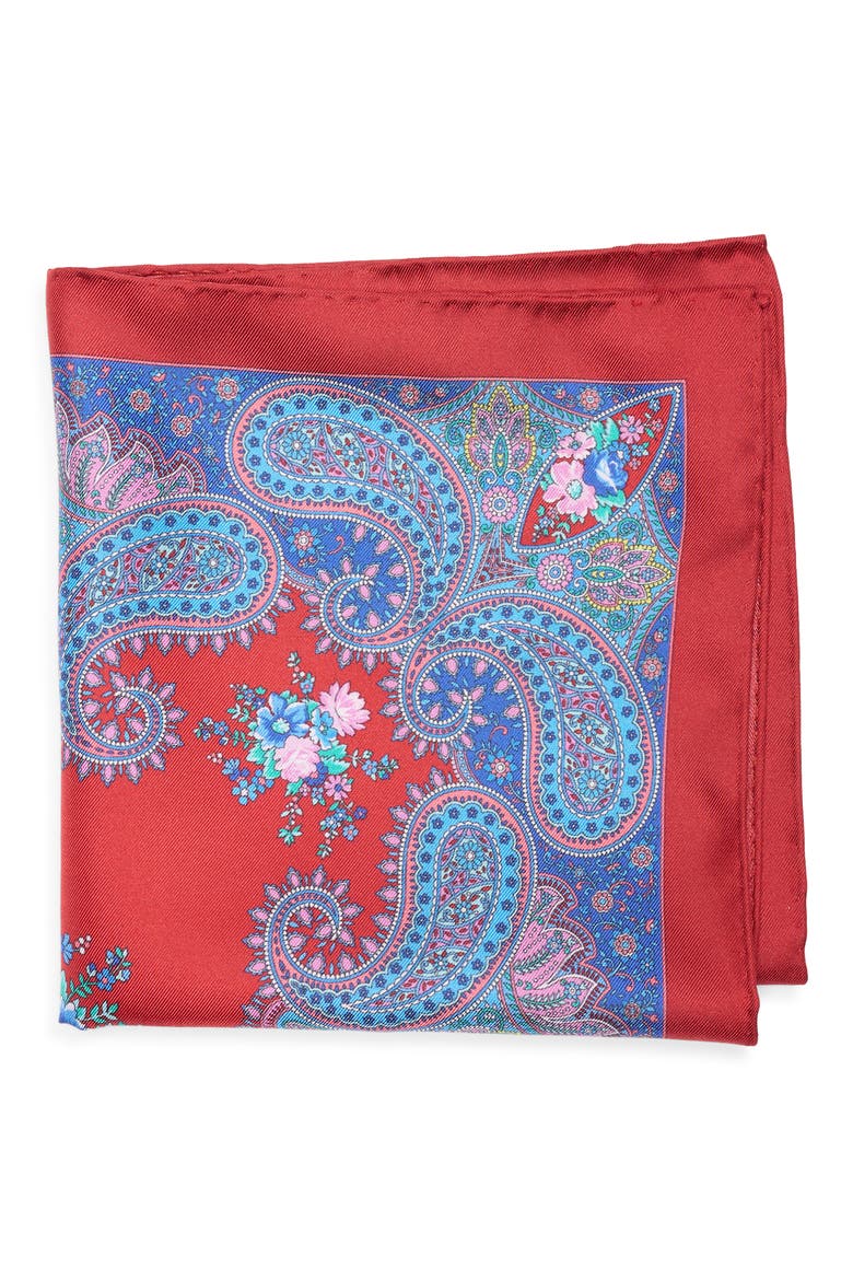 Paisley Floral Silk Pocket Square, Main, color, RED/ BLUE