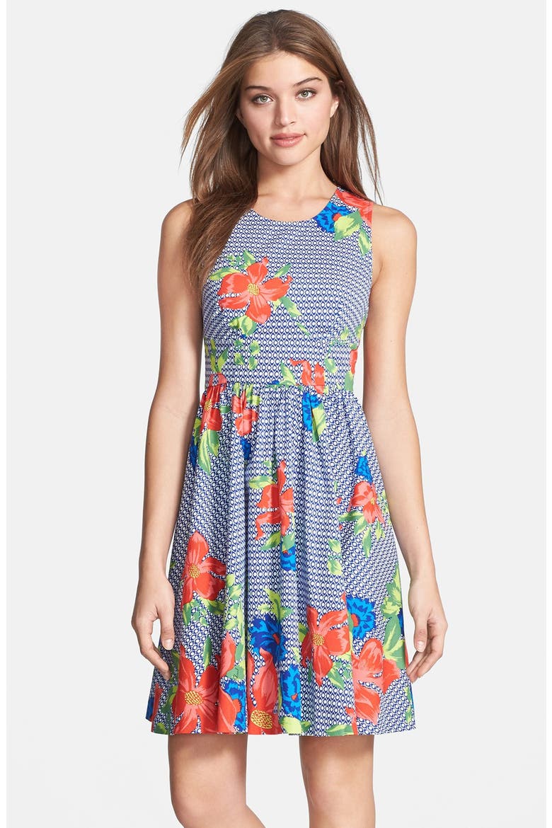 'Alana' Print Fit & Flare Dress, Main, color, GEO FLORAL