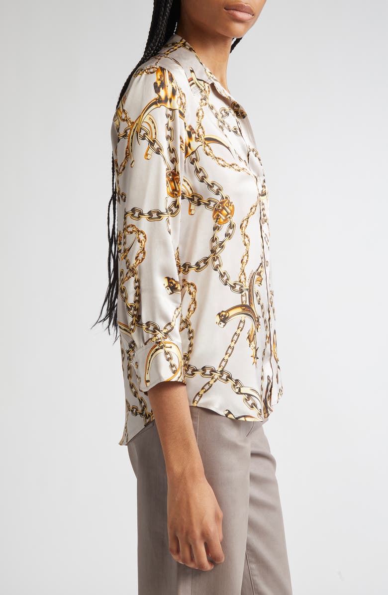 L'AGENCE Dani Chain Print Silk Button-Up Shirt, Alternate, color, Smoke Grey/Gold Long Horn Chai
