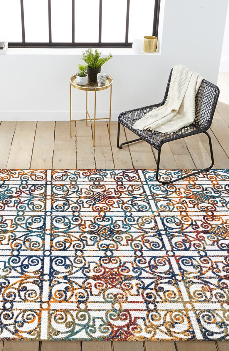 JONATHAN Y Cetara Ornate Trellis Indoor/Outdoor Area Rug, Alternate, color, Cream/Blue/Orange