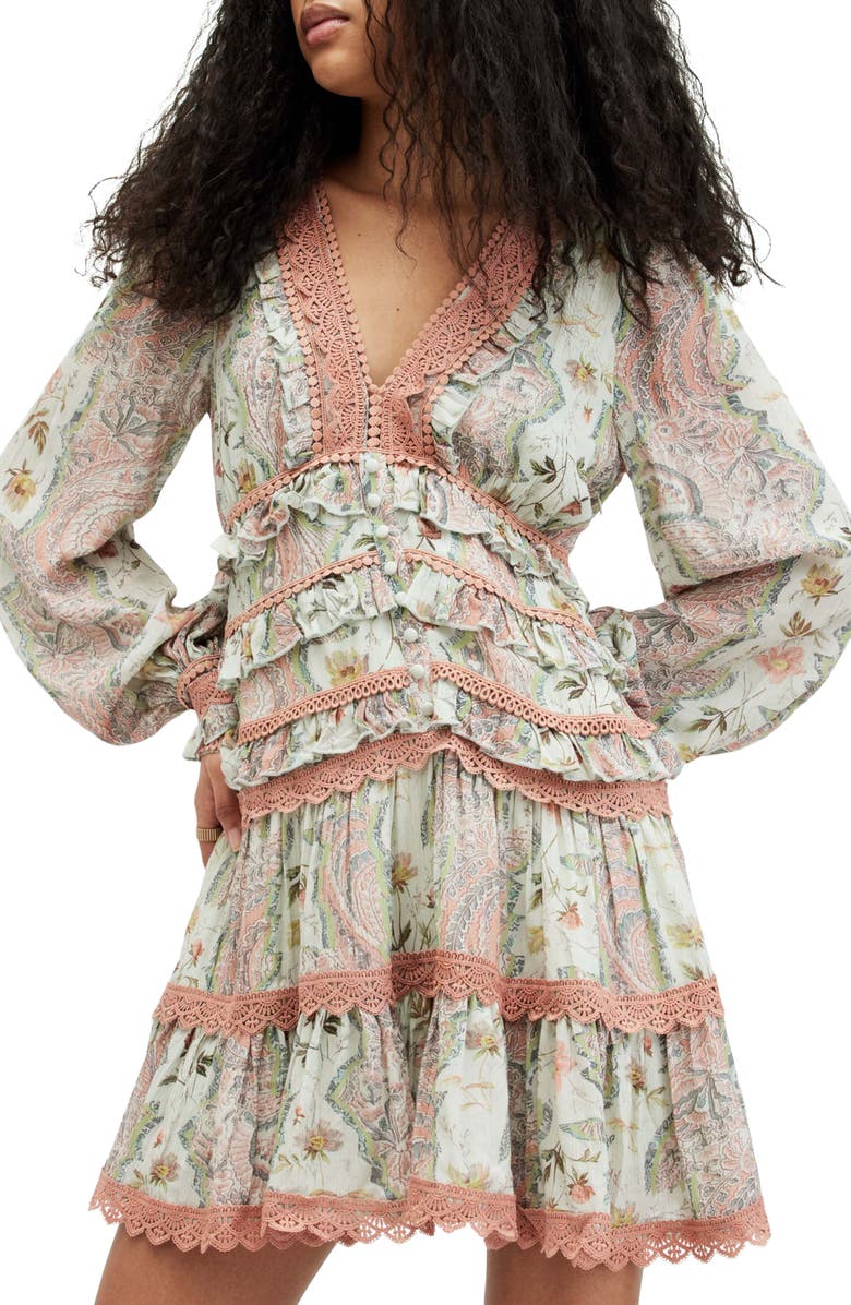 AllSaints Zora Cascade Long Sleeve Dress, Alternate, color,