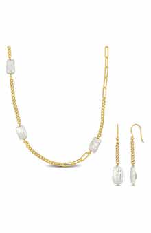 DELMAR Cultured Freshwater Pearl Curb Chain Necklace & Earrings Set