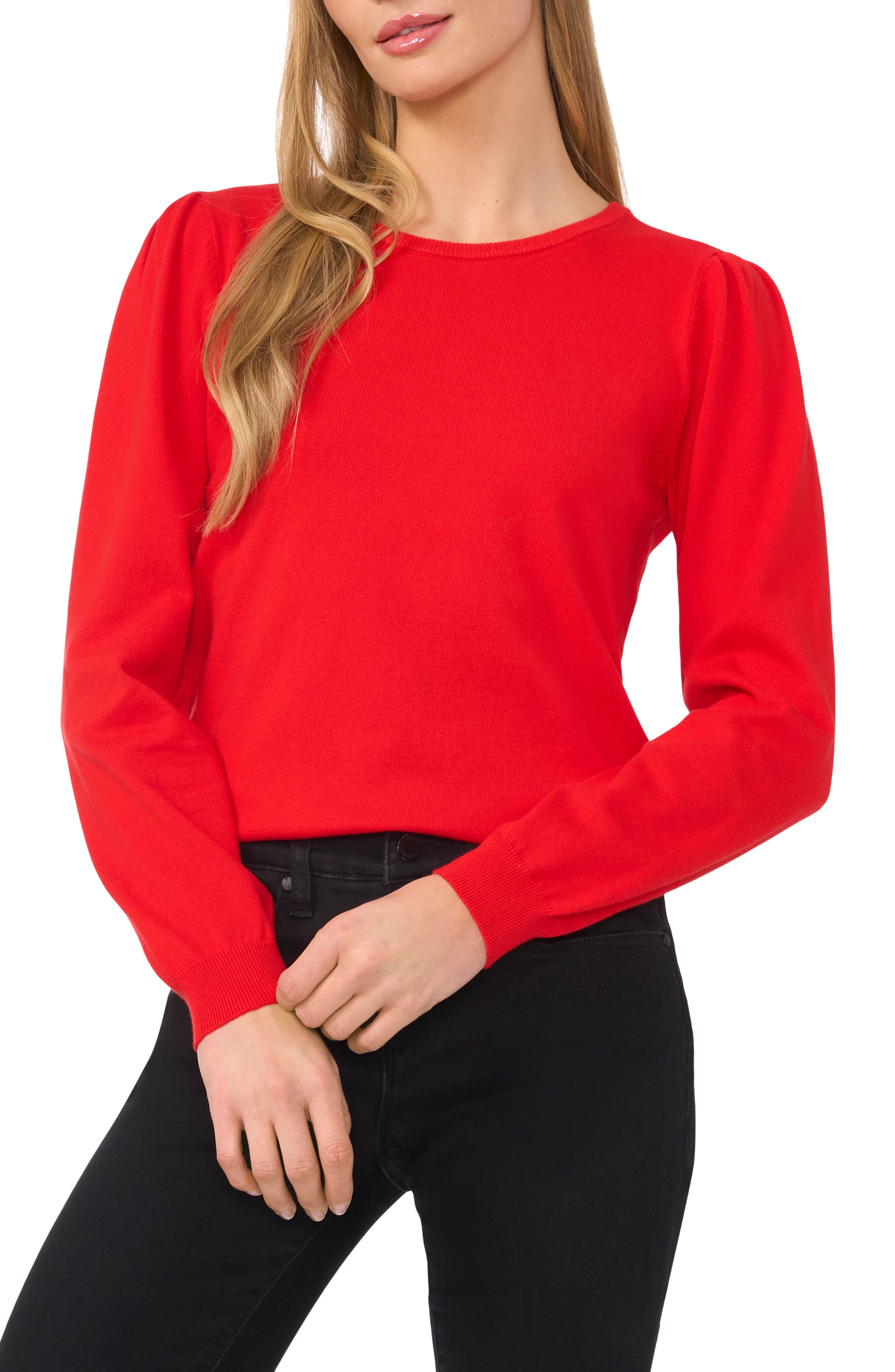 CeCe Puff Shoulder Sweater in Bright Cherry 
