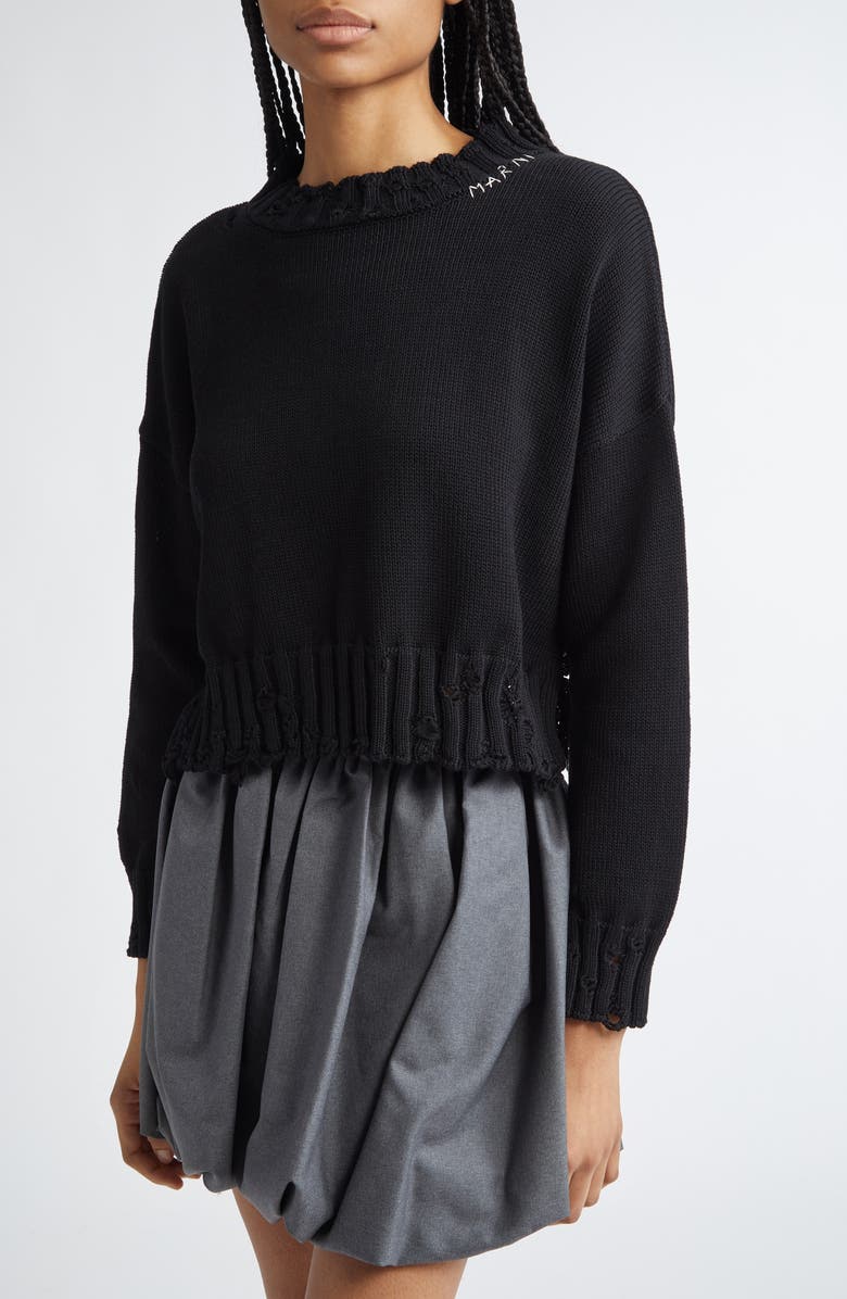 Marni Distressed Embroidered Logo Cotton Sweater, Alternate, color, Black