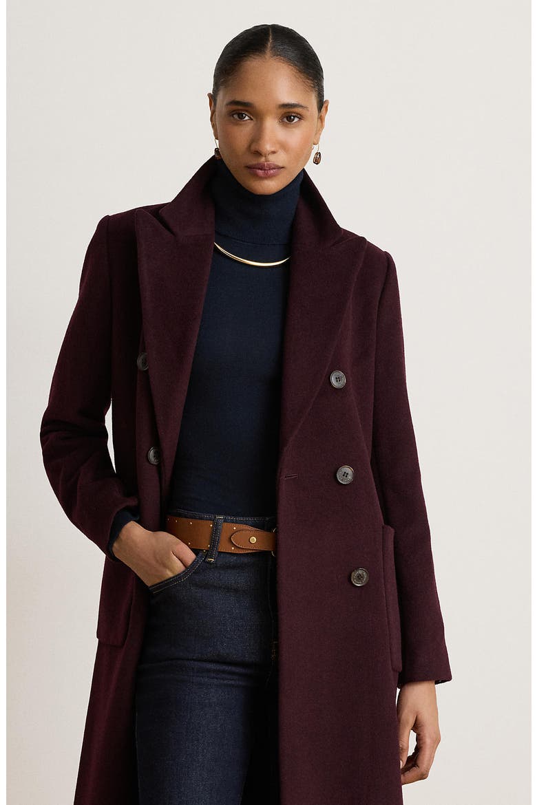 Double Breasted Longline Wool Blend Coat, Alternate, color, PINOT NOIR