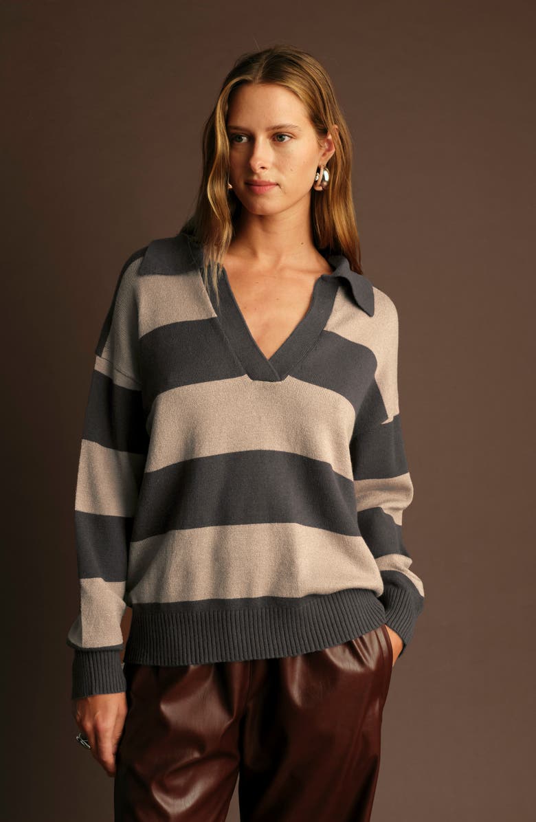 DELUC Nick Polo Stripe Sweater, Alternate, color, Grey Melange With Ecru Melange