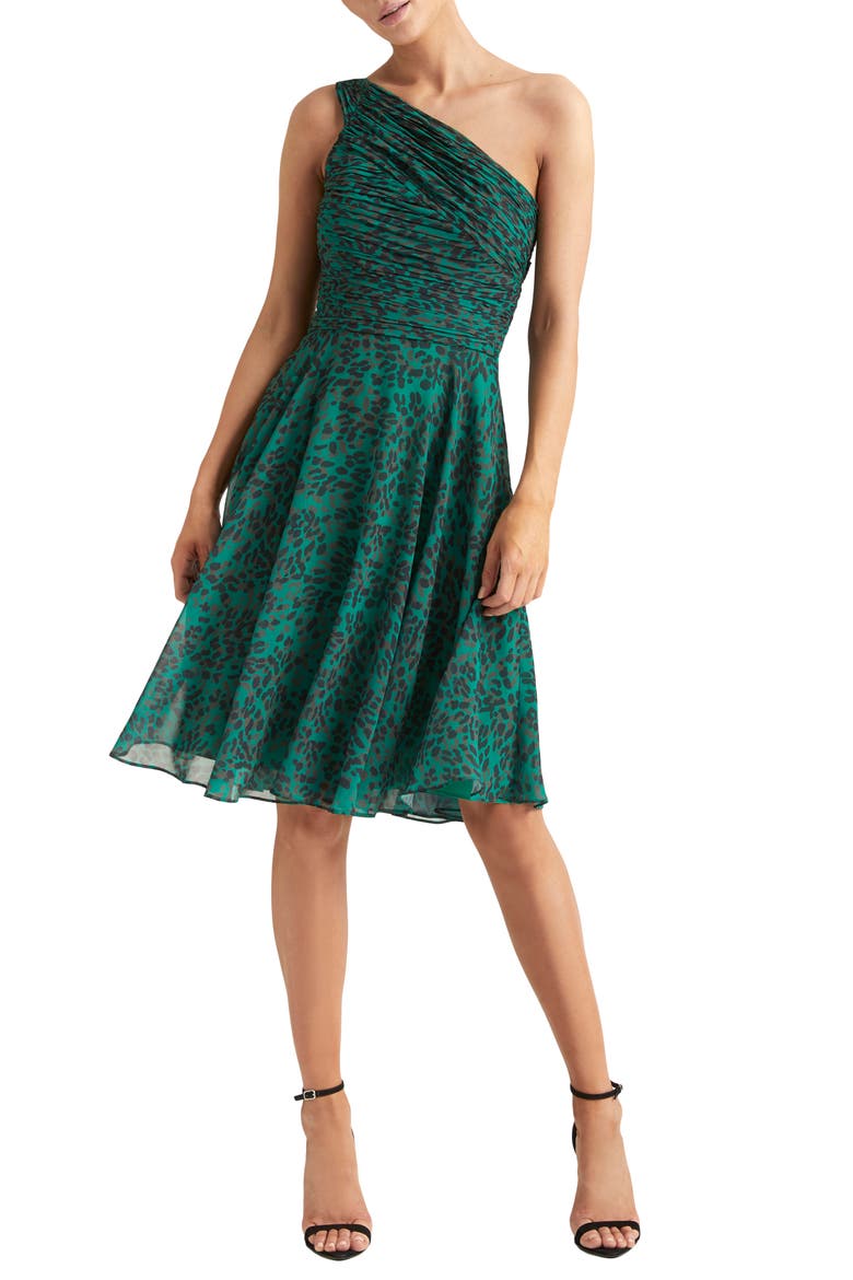 Heritage One-Shoulder Pleated Cocktail Dress, Main, color, EMERALD TEXTURE CHEETAH PRINT