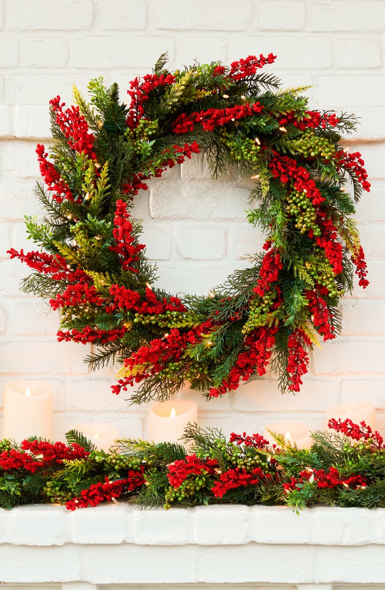 Balsam Hill Outdoor Pre Lit Berry Burst Wreath, Alternate, color, Led Clear