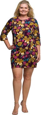 24seven Comfort Apparel Floral Print Keyhole Neckline Sheath Dress