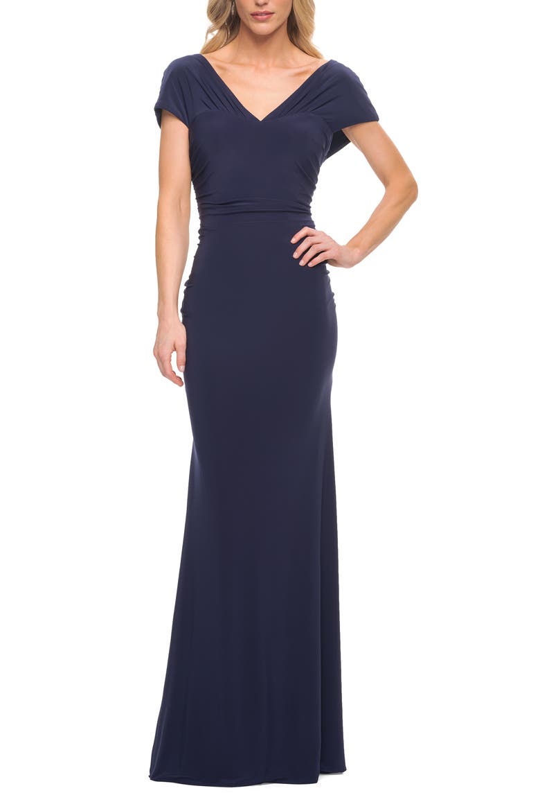 Versatile Jersey Long Evening Dress with Short Sleeve, Alternate, color, Navy
