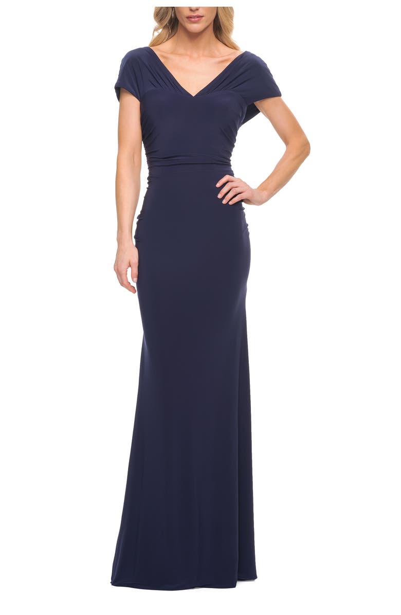 La Femme Versatile Jersey Long Evening Dress with Short Sleeve, Alternate, color, Navy