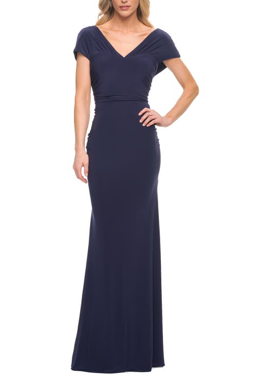 LA FEMME LA FEMME VERSATILE JERSEY LONG EVENING DRESS WITH SHORT SLEEVE