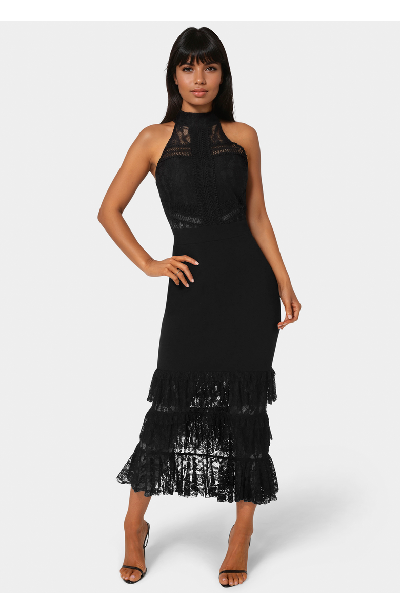 bebe Halter Tiered Lace Midi Dress, Main, color, Black