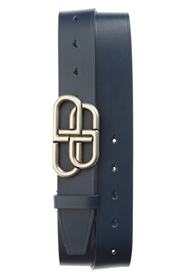 Intertwining Twin-B Leather Belt, Main, color, NAVY