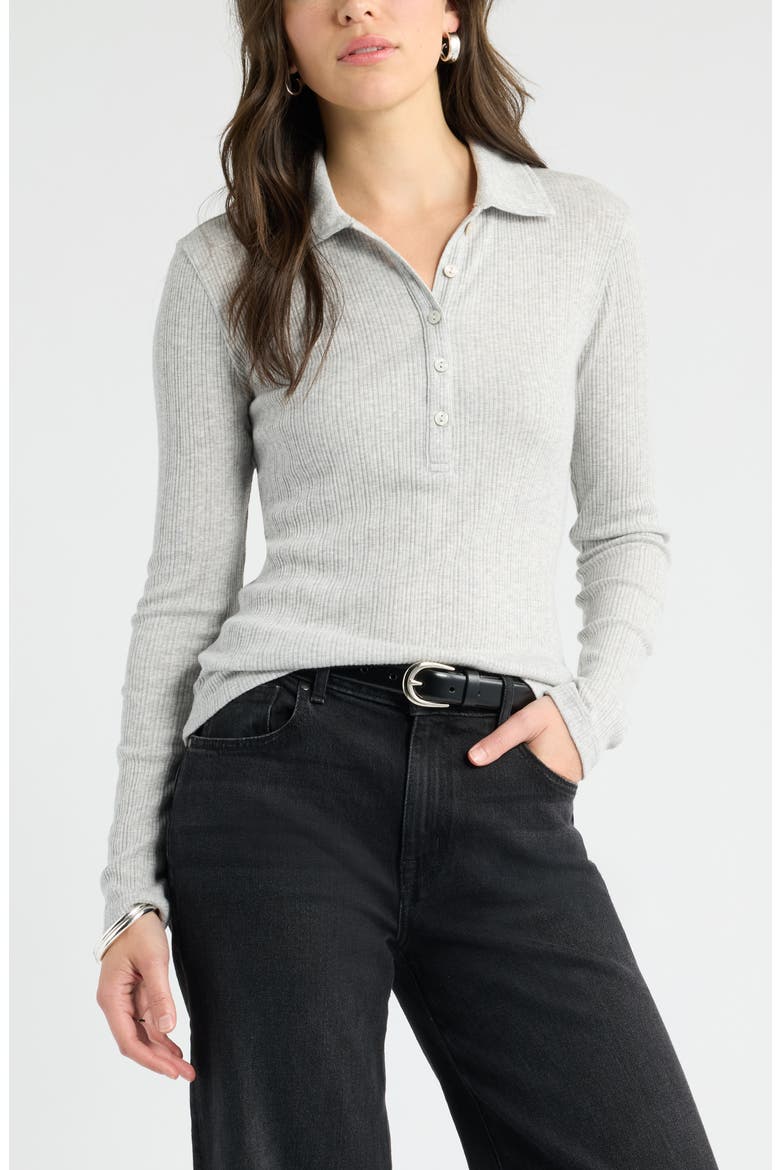 Long Sleeve Rib Polo Top, Main, color, GREY LIGHT HEATHER