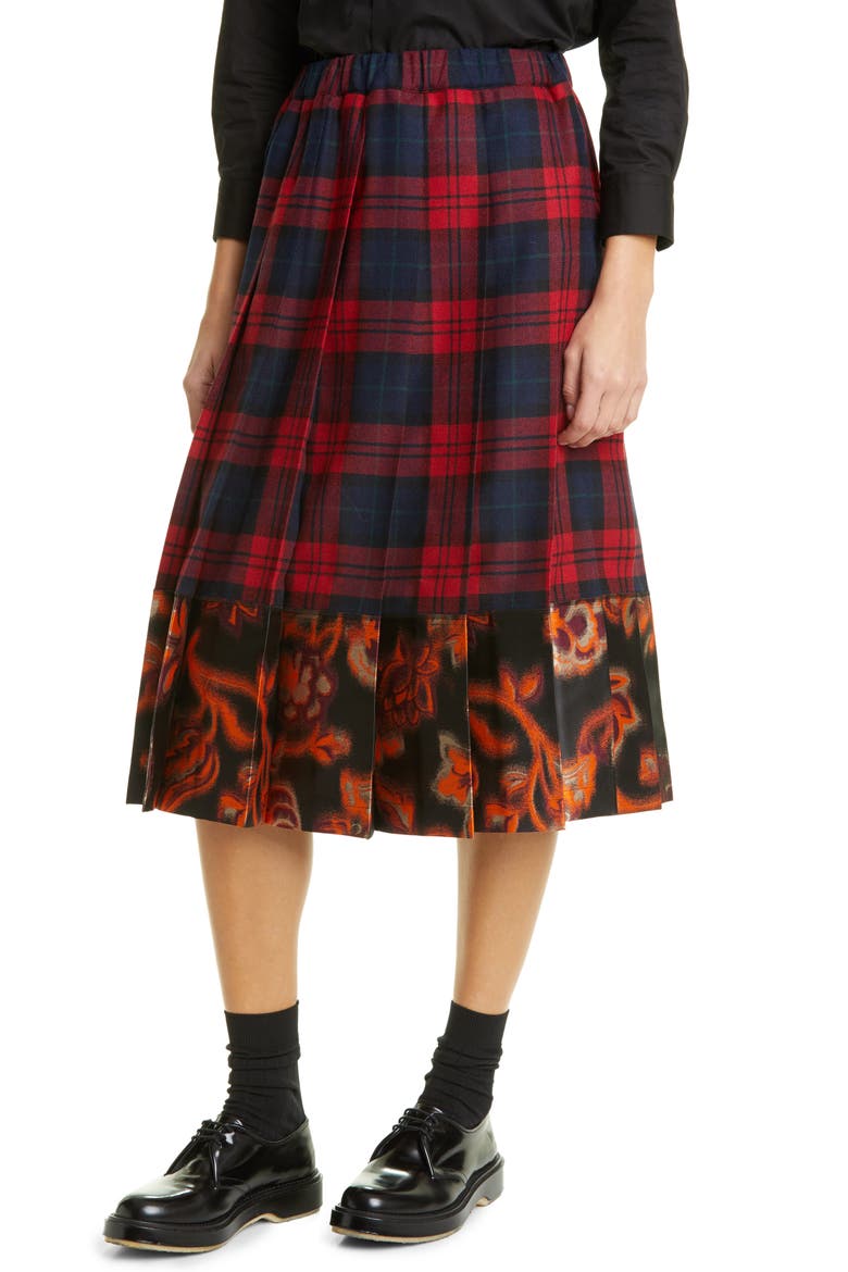 Tricot Comme des Garçons Pleated Check Flannel & Brocade Skirt, Alternate, color, RED/ NAVY X BLK/ RED