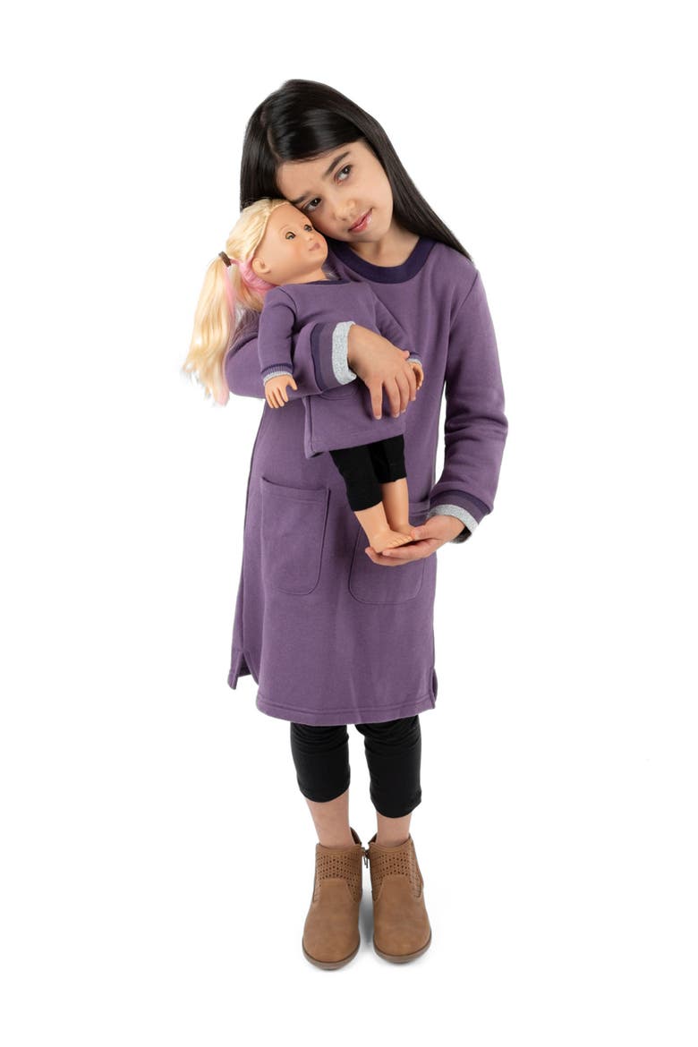 Girls Sweatshirt Dress with Matching Doll Dress, Alternate, color, PURPLE