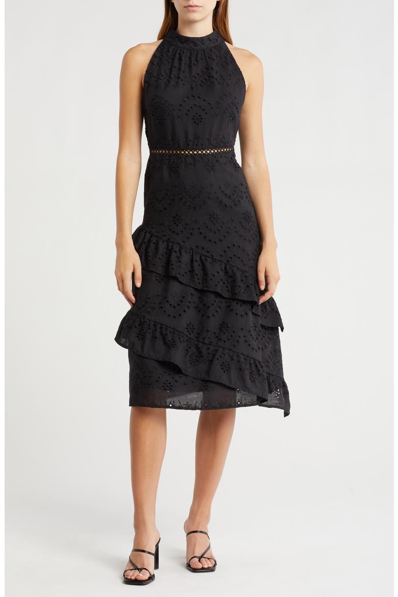 High Neck Eyelet Midi Dress, Main, color, BLACK