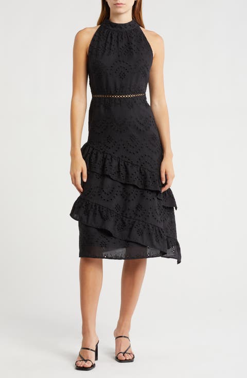 High Neck Eyelet Midi Dress