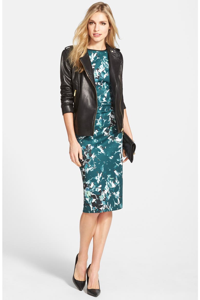 'Shadow Branch' Print Scuba Midi Dress, Alternate, color, SOFT WHITE/ FOREST GREEN