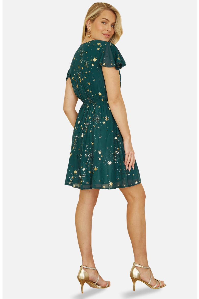 Foil Star Print Wrap Skater Dress, Alternate, color, Green