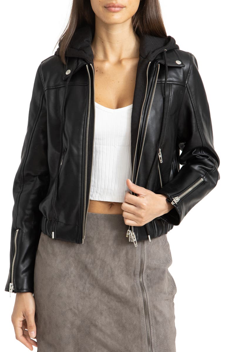 BLANKNYC Faux Leather Bomber Jacket with Removable Hood, Main, color,