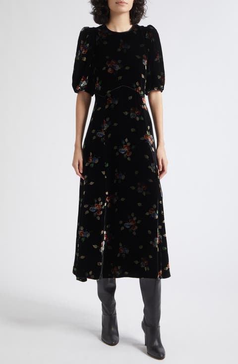 Leda Velvet Puff Sleeve Midi Dress