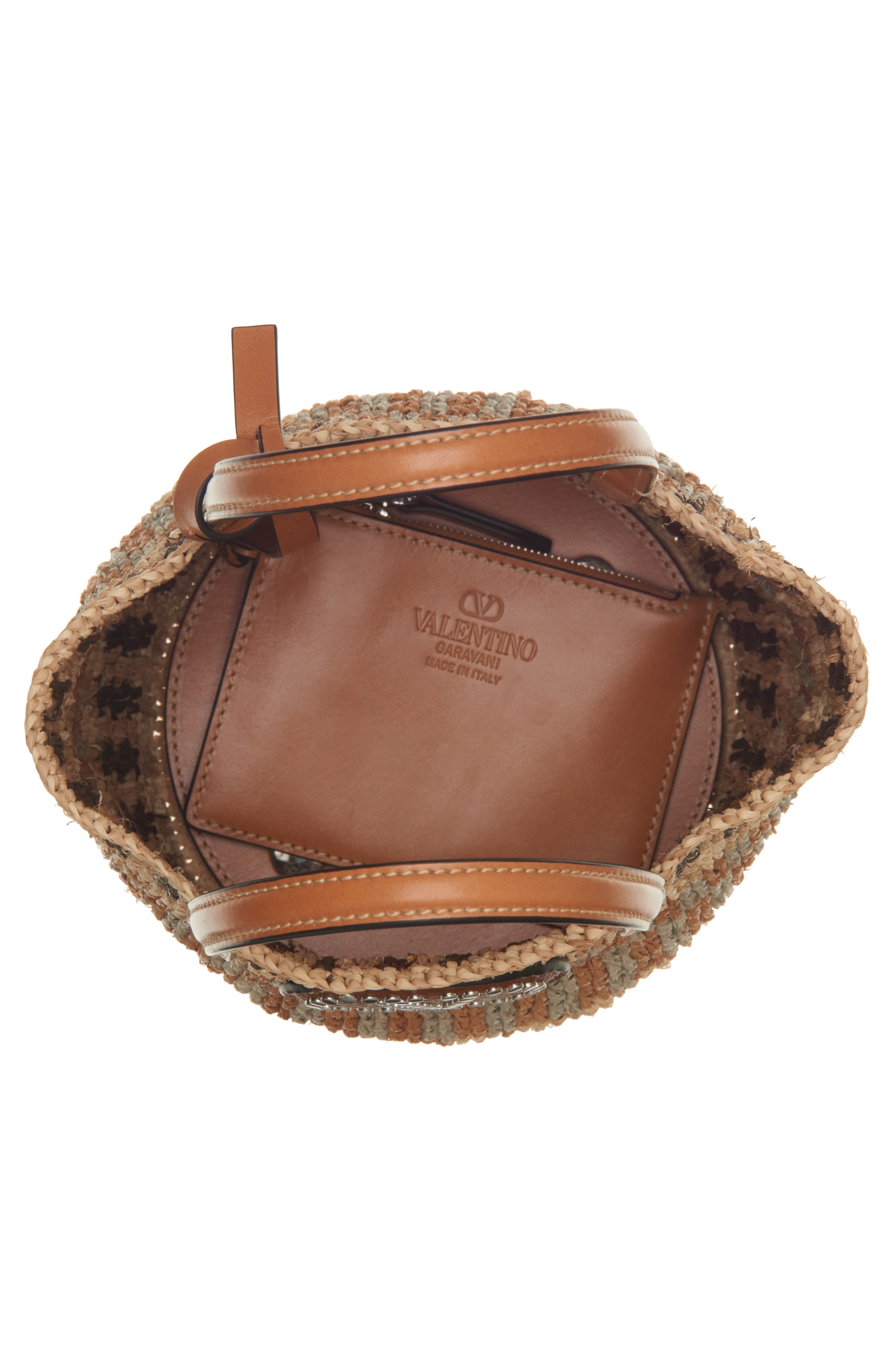 Valentino Garavani Small VLOGO Signature Crocheted Raffia Bucket Bag, Alternate, color, Beige/ Camel/ Selleria