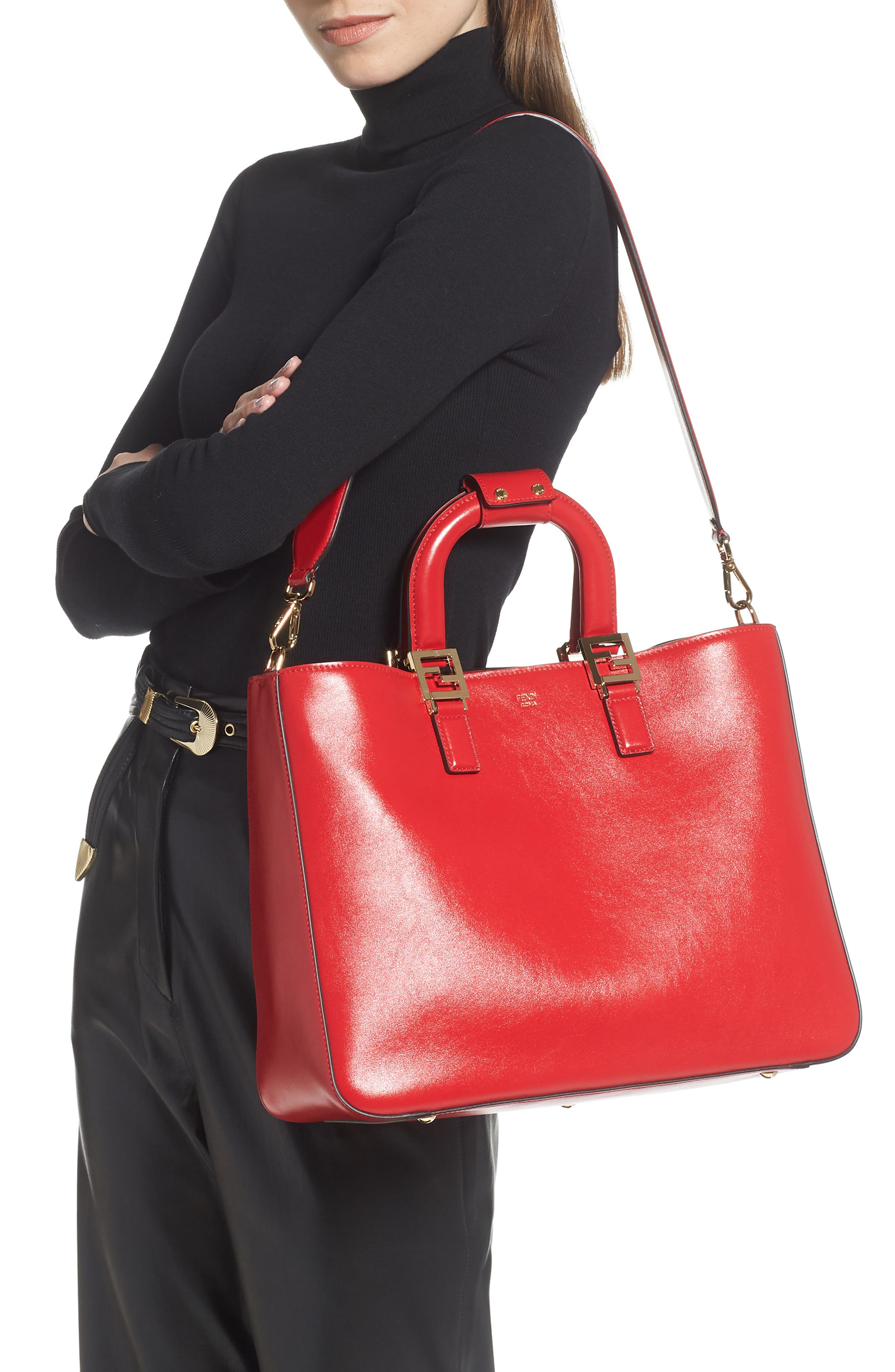 Medium FF Top Handle Leather Tote, Alternate, color, CARDINALE RED/ SOFT GOLD