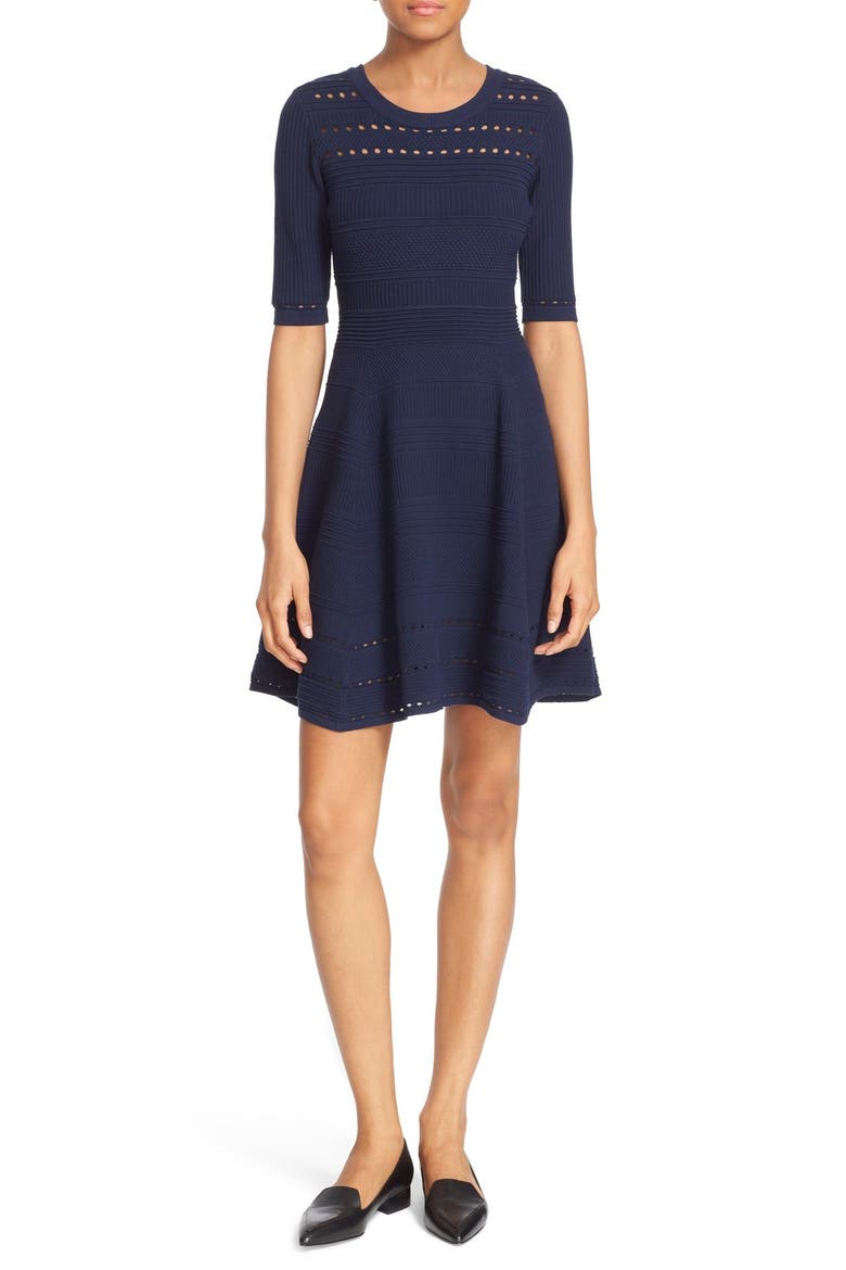 Mixed Stitch Texture Knit Fit & Flare Dress, Main, color, NAVY