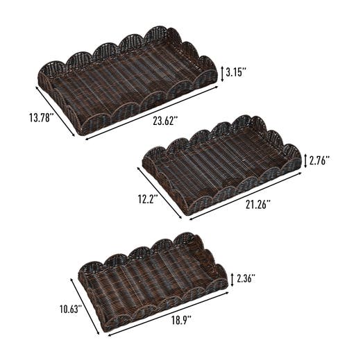 Happimess Parker Southwestern Cottage Resin Scalloped Rectangular Decorative Serving Trays (set Of 3) In Dark Brown