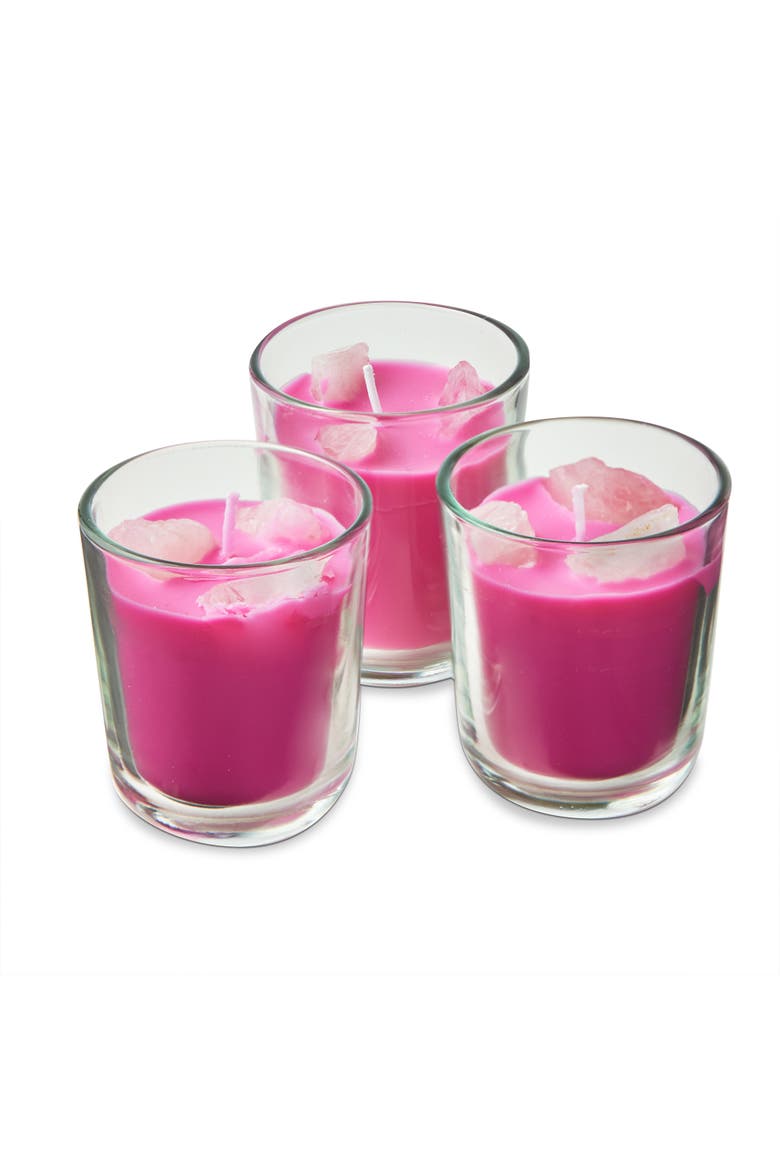 Scented Votive W/Rose Quartz Stones S/3 Fuchsia Glass Everyday, Alternate, color, Pink