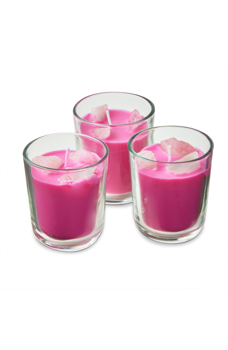 tag Scented Votive W/Rose Quartz Stones S/3 Fuchsia Glass Everyday, Alternate, color, Pink