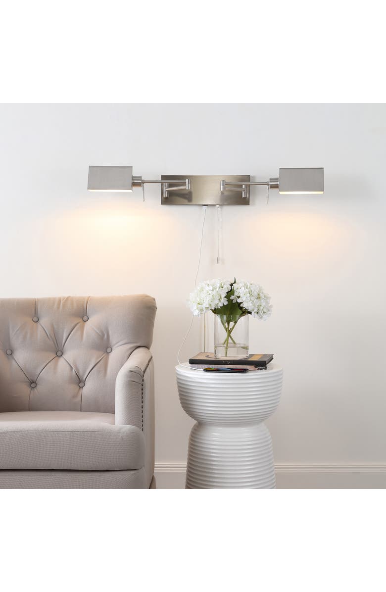 JONATHAN Y Arlo 2-Light Farmhouse Industrial Double Swing Arm Iron LED Wall Sconce with Pull-Chain USB Charging Port, Alternate, color, Nickel
