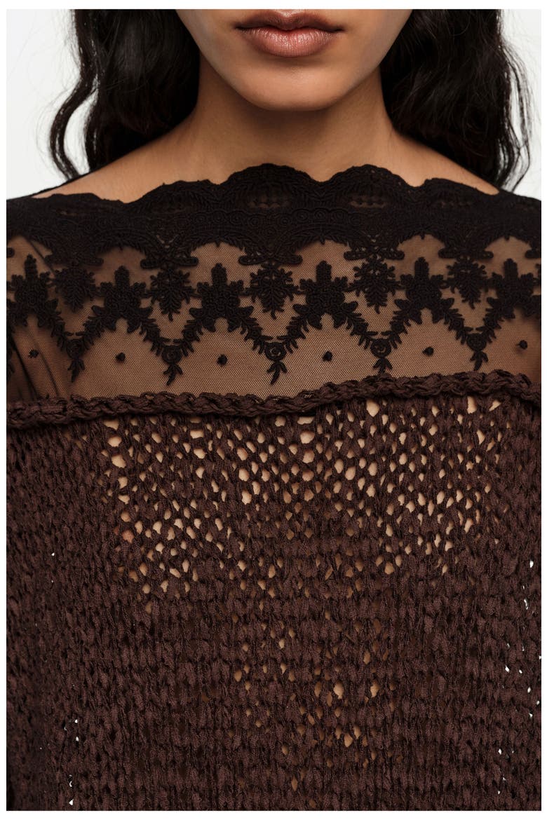 Lace Boat Neckline Sweater, Alternate, color, DARK BROWN