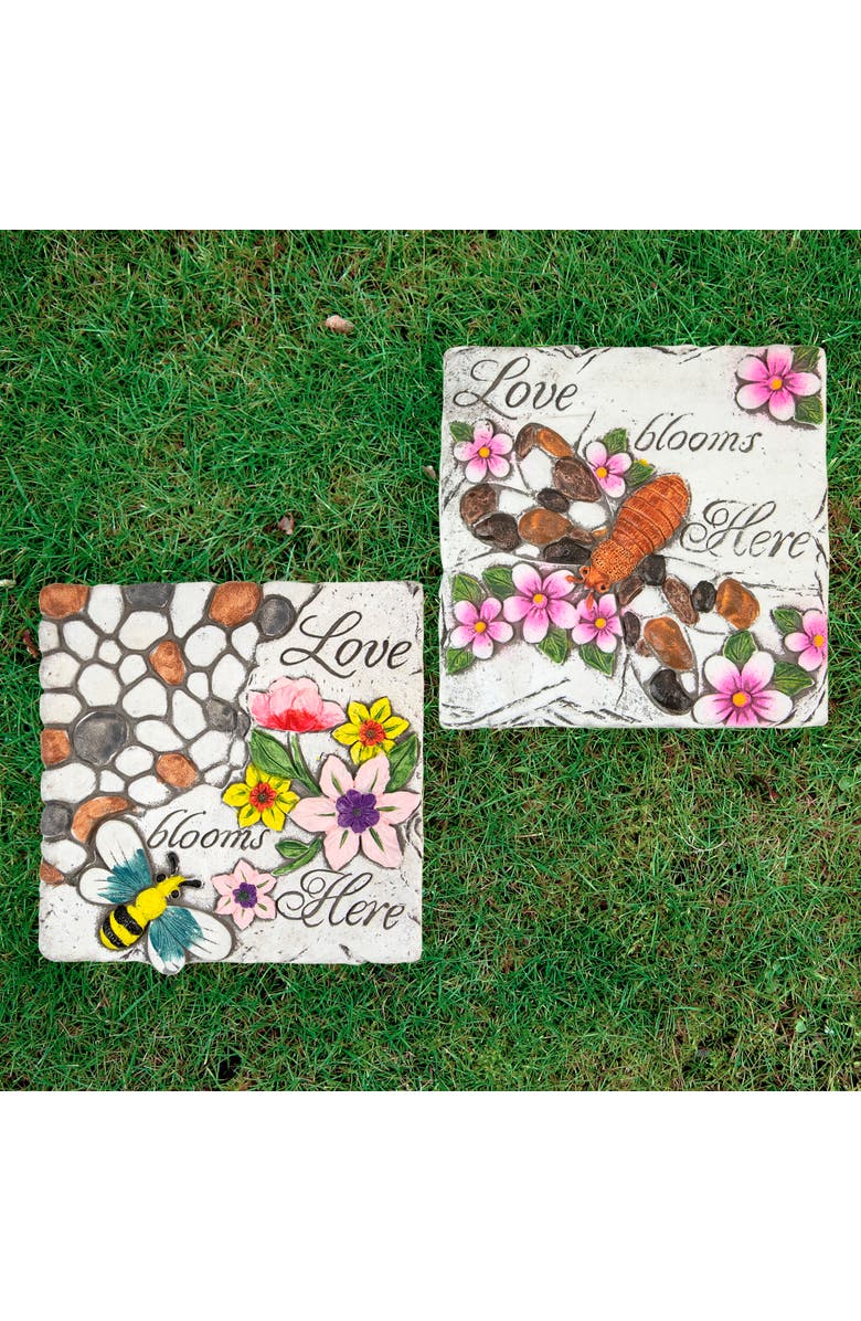 Northlight Set of 2 'Love Blooms Here' Floral Outdoor Garden Stones 7", Alternate, color, Multi