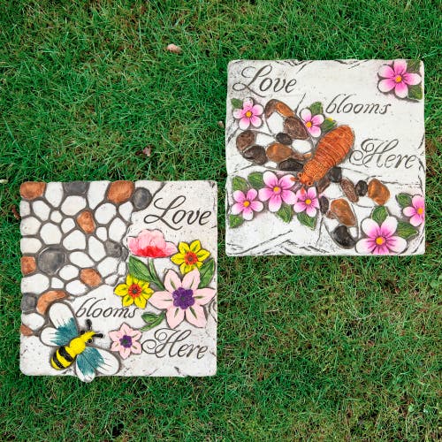 Northlight Set Of 2 'love Blooms Here' Floral Outdoor Garden Stones 7" In Multi