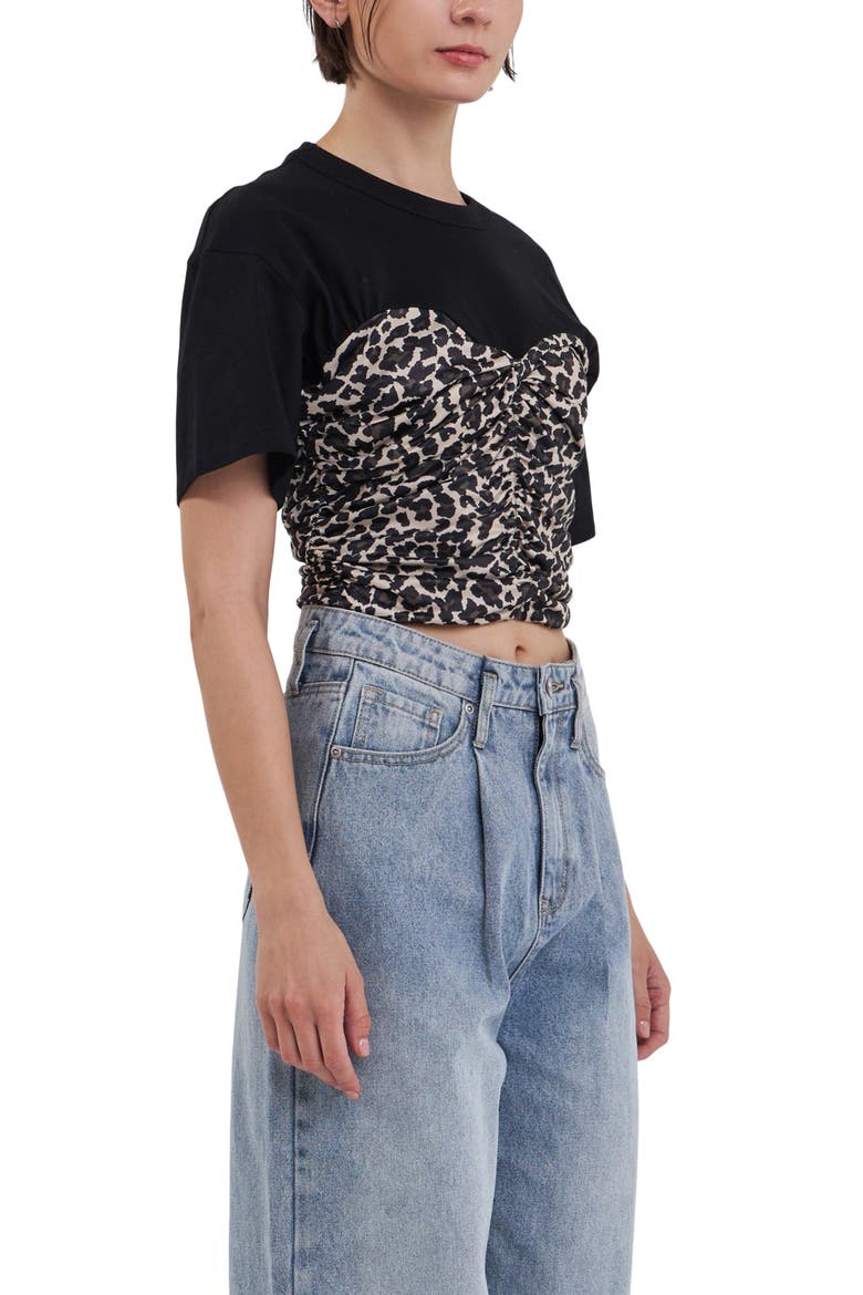 Leopard Smocked Crop T-Shirt, Alternate, color, BLACK MULTI