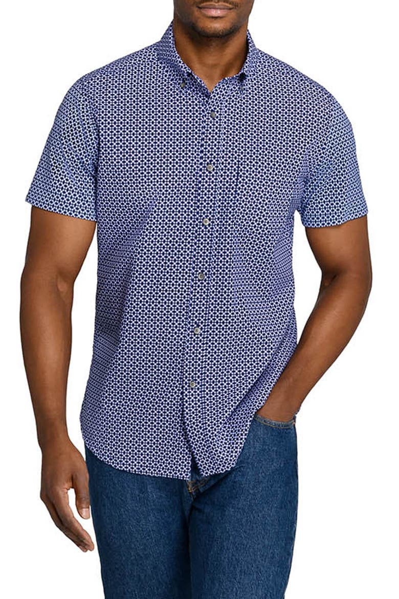 Geometric Short Sleeve Button-Down Shirt, Main, color, NAVY