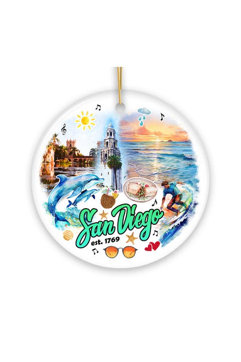 San Diego Watercolor Beach Landmarks Ceramic Ornament