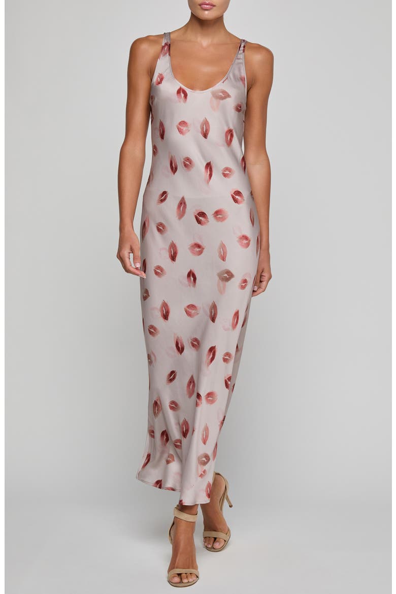 Akiya Kiss Print Satin Maxi Slipdress, Main, color, TAUPE/ DK RED FD KISS