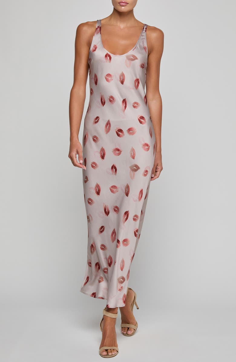 L'AGENCE Akiya Kiss Print Satin Maxi Slipdress, Main, color, Taupe/ Dk Red Fd Kiss