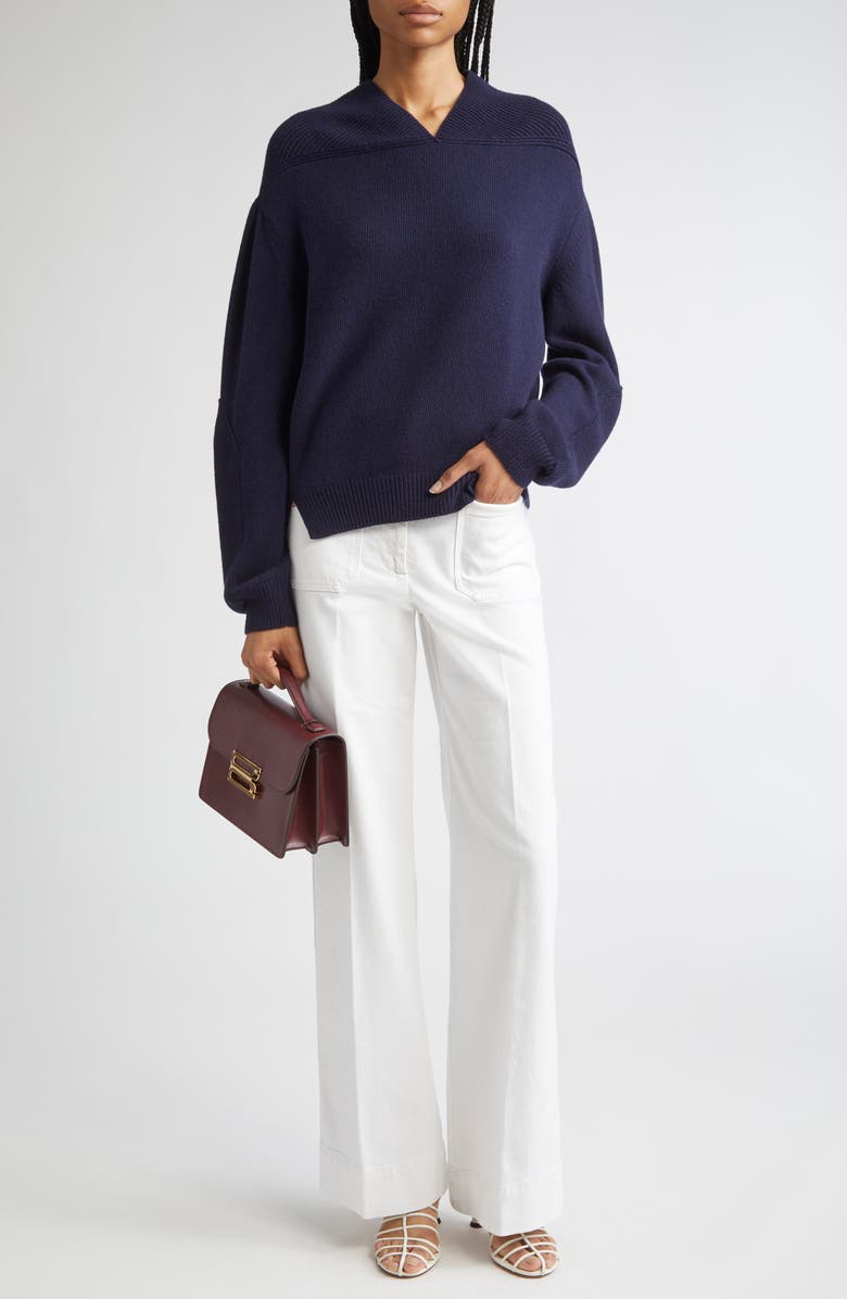 Victoria Beckham V-Neck Yoke Detail Merino Wool & Cashmere Sweater, Alternate, color, Navy