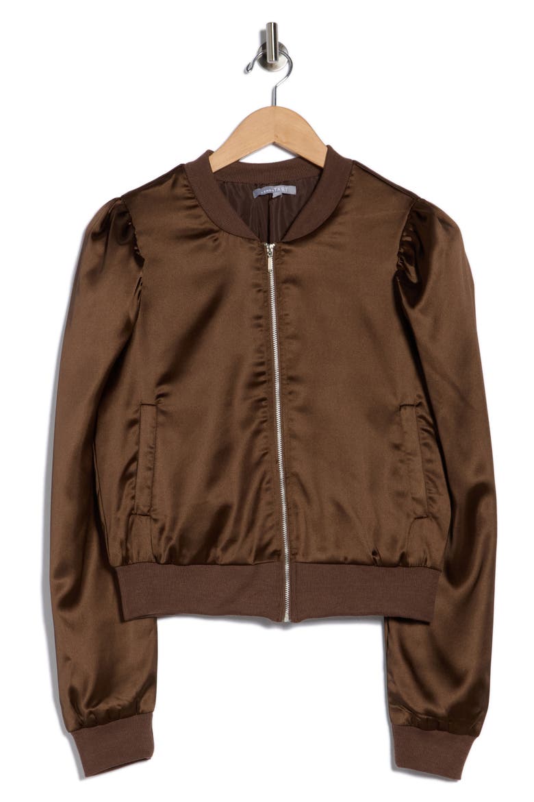 Amma Crop Satin Bomber Jacket, Alternate, color, COCOA