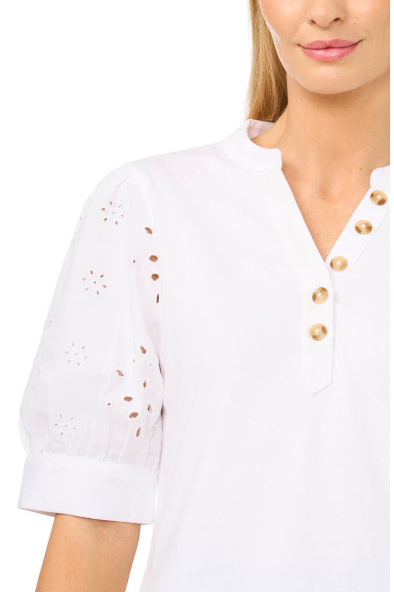 Puff Sleeve Mixed Media Cotton Top, Alternate, color, ULTRA WHITE