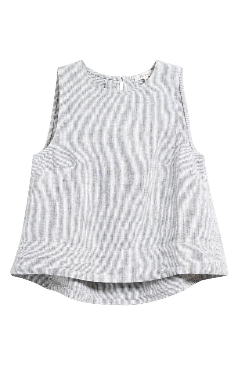 Madewell Pleated Linen Shell Top, Main, color, Black White Mini Stripe