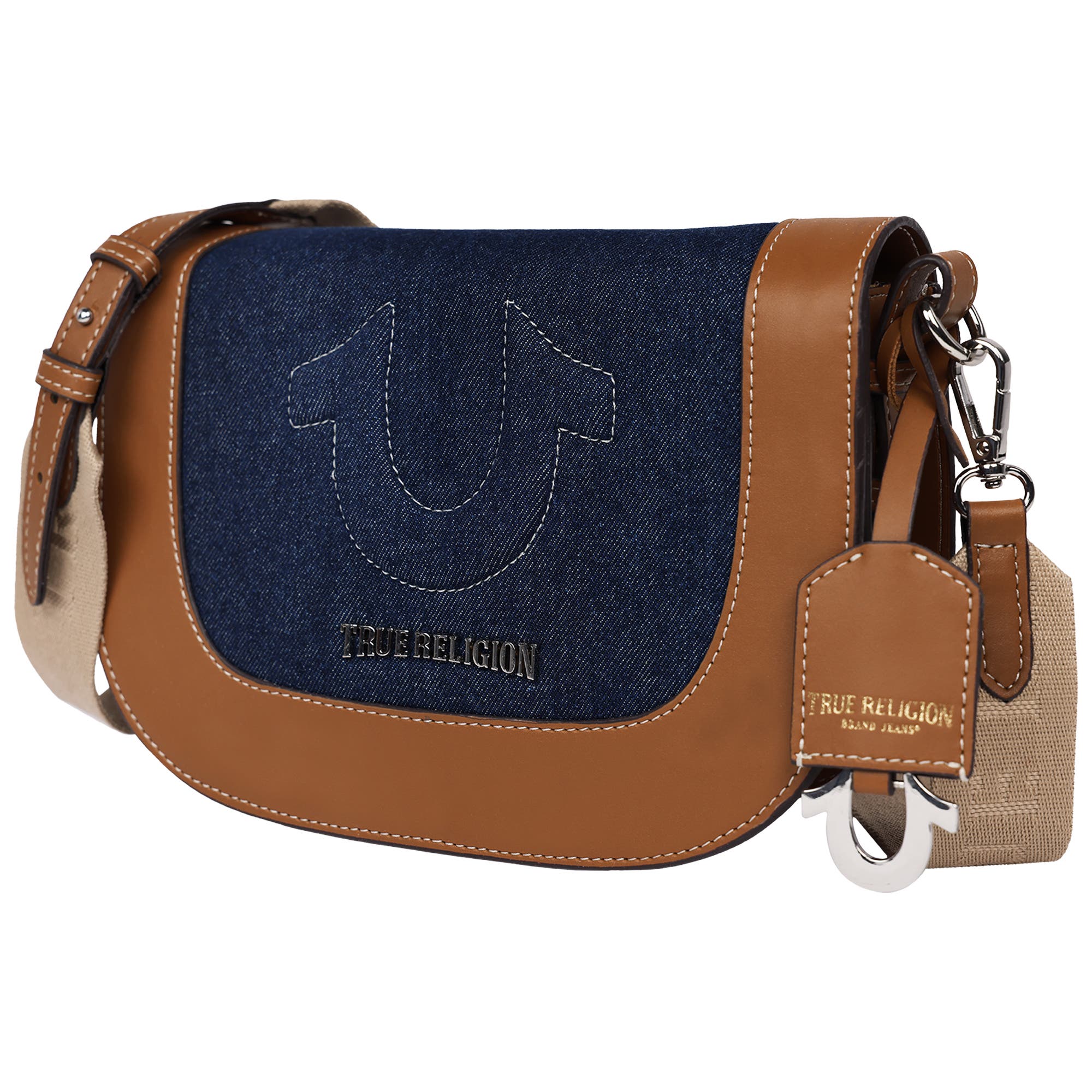 True Religion Denim Raised Horseshoe Crossbody Flap, Alternate, color, Denim
