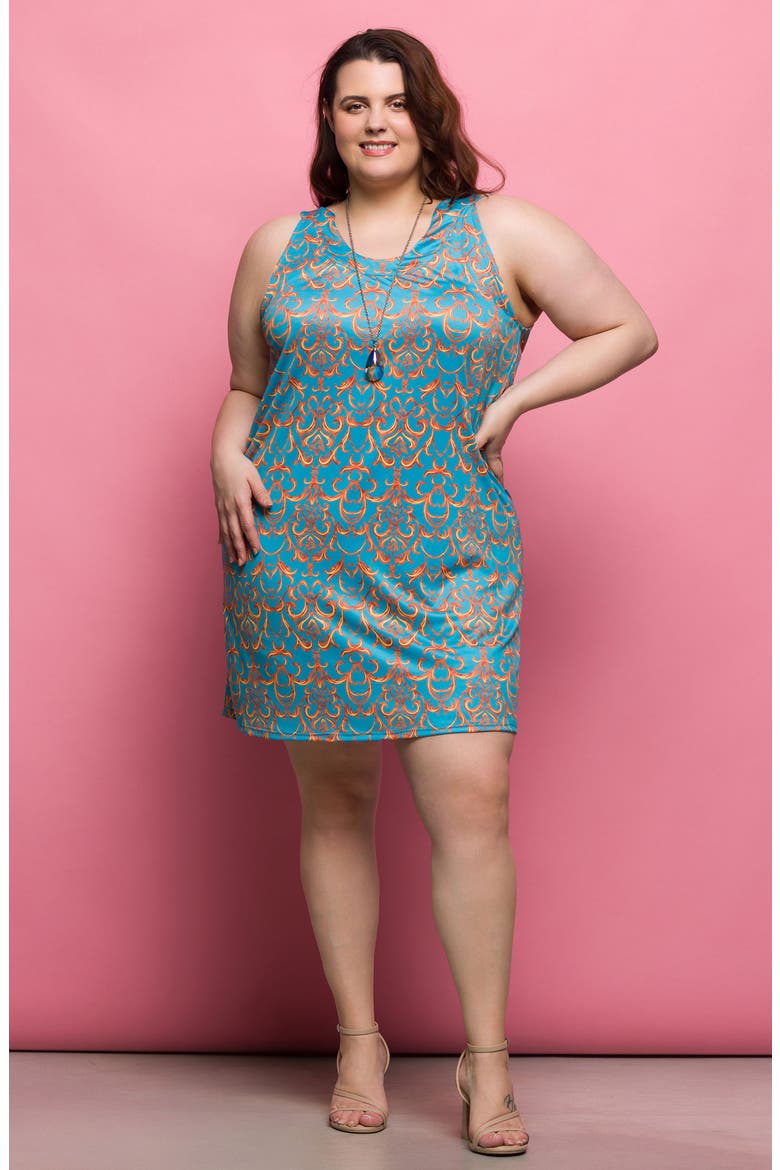 Filigree Print U-Neck Sleeveless Dress, Alternate, color, BLUE MULTI
