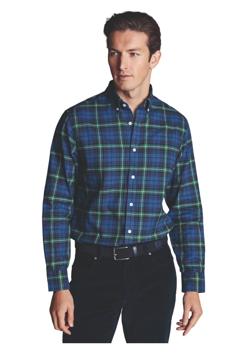 Charles Tyrwhitt Slim Fit Button-Down Collar Brushed Flannel Check Shirt, Main, color, Green